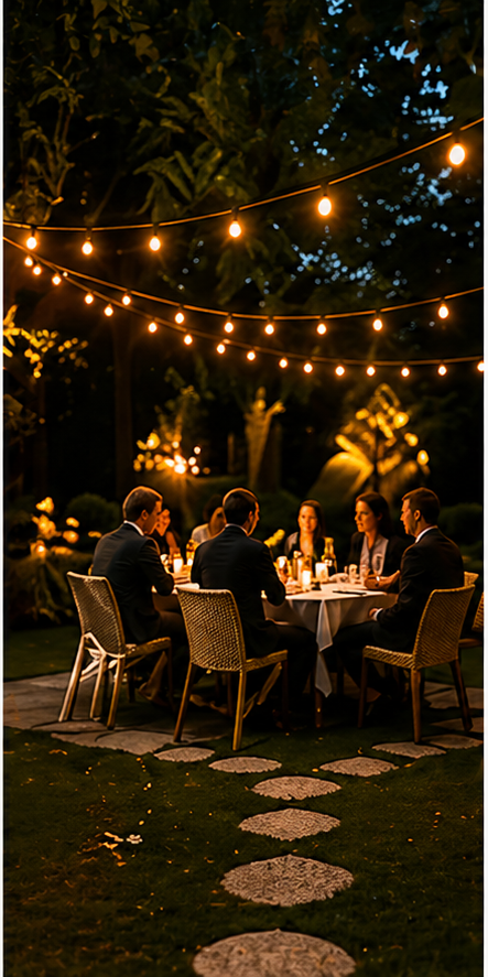 Stimmungsvolles Gartenfest mit Licht und Dinner